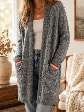 Roots Cabin Long Open Cardigan Sweater Grey Marled Duster Pockets Cozy Cottage